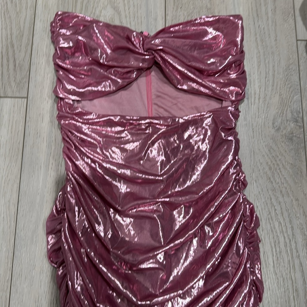 Shiny Pink Strapless Ruched Mini Dress - Picture 3 of 3